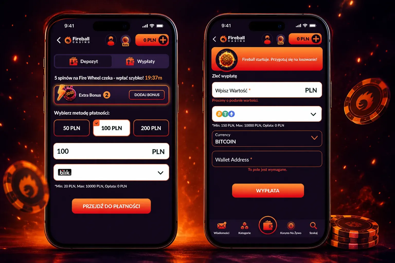 Panel depozytów i wypłat Fireball Casino na telefonie