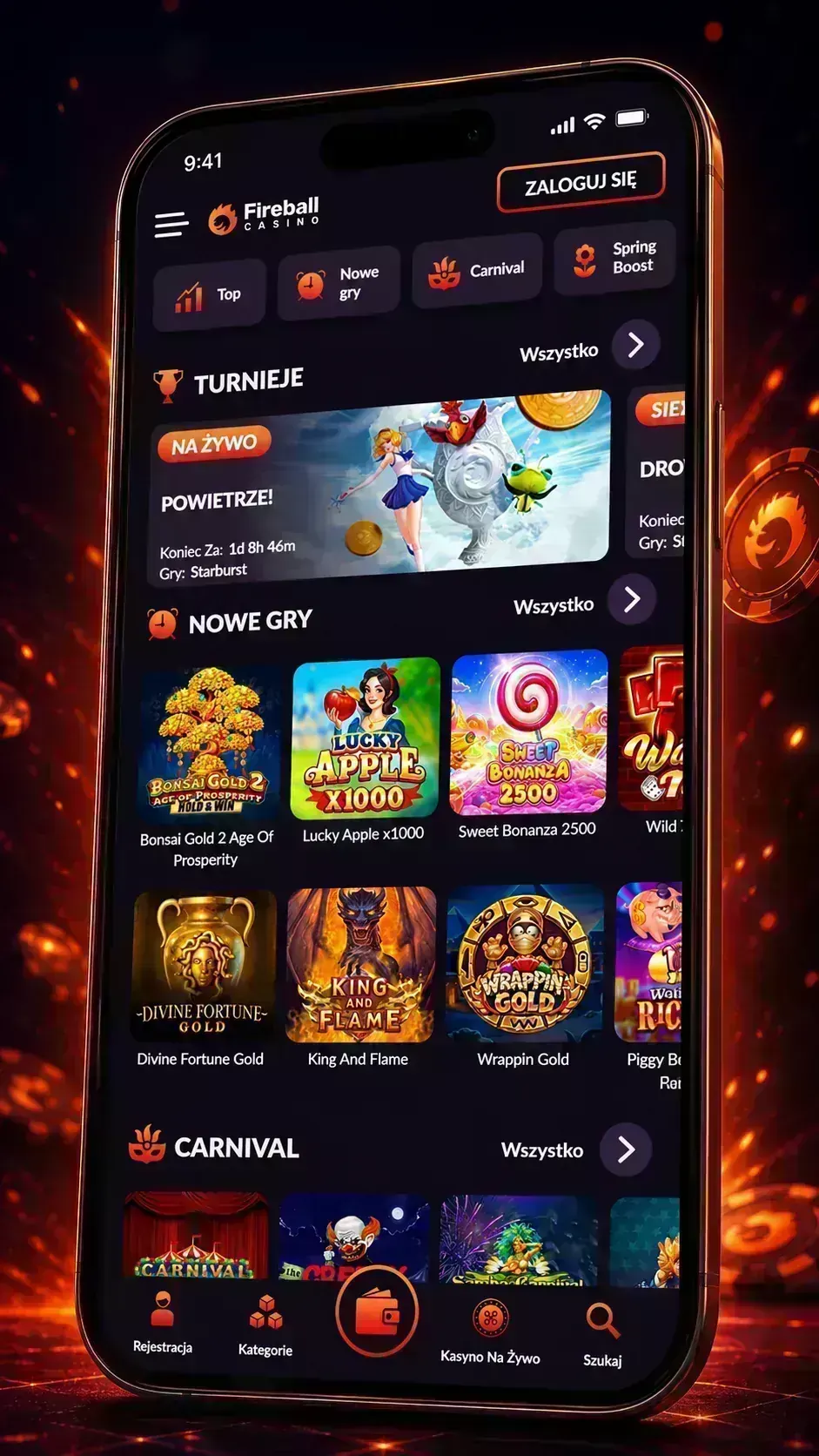Turnieje i gry Fireball Casino w aplikacji mobilnej