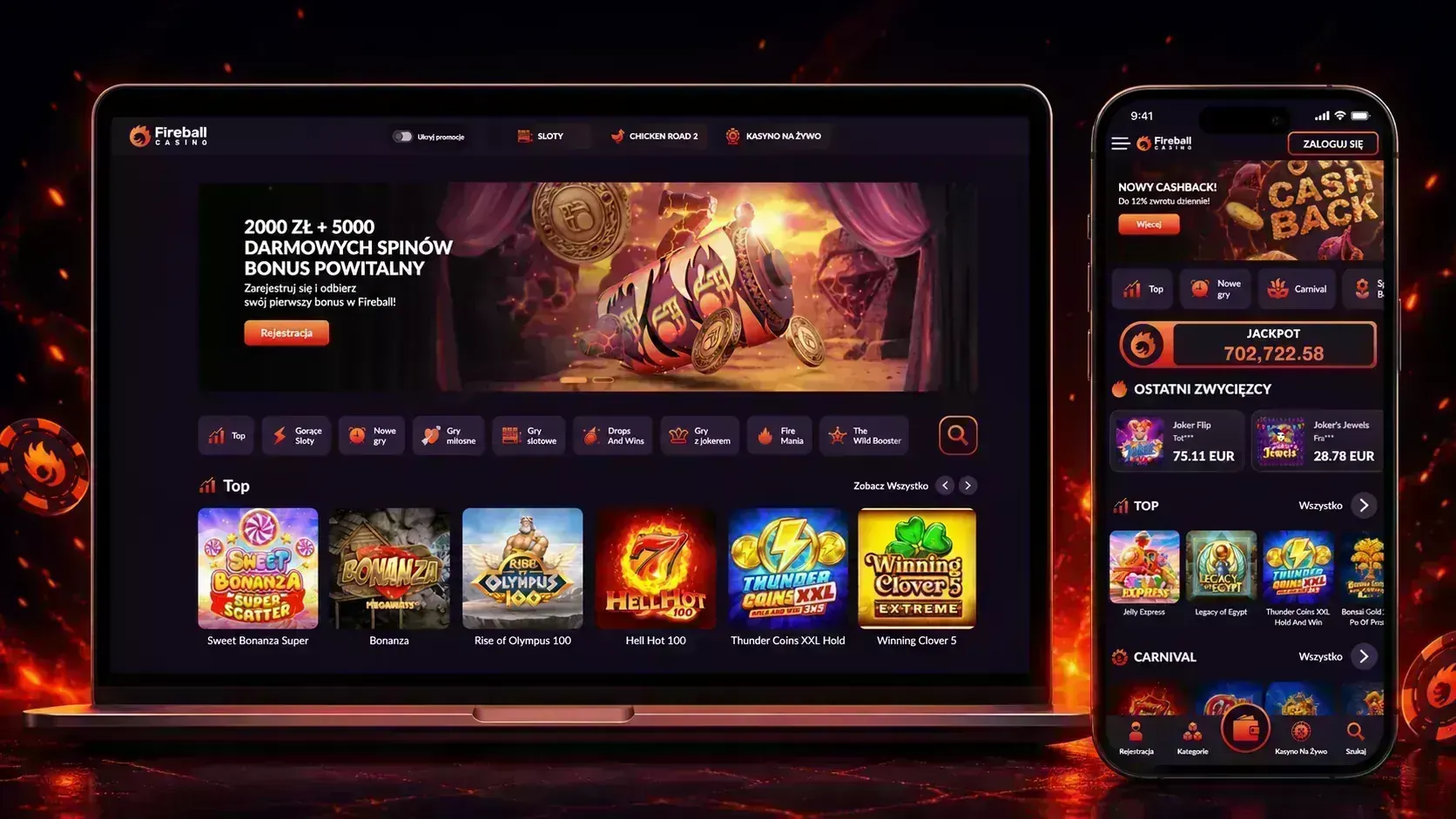 Strona główna Fireball Casino z panelem gracza