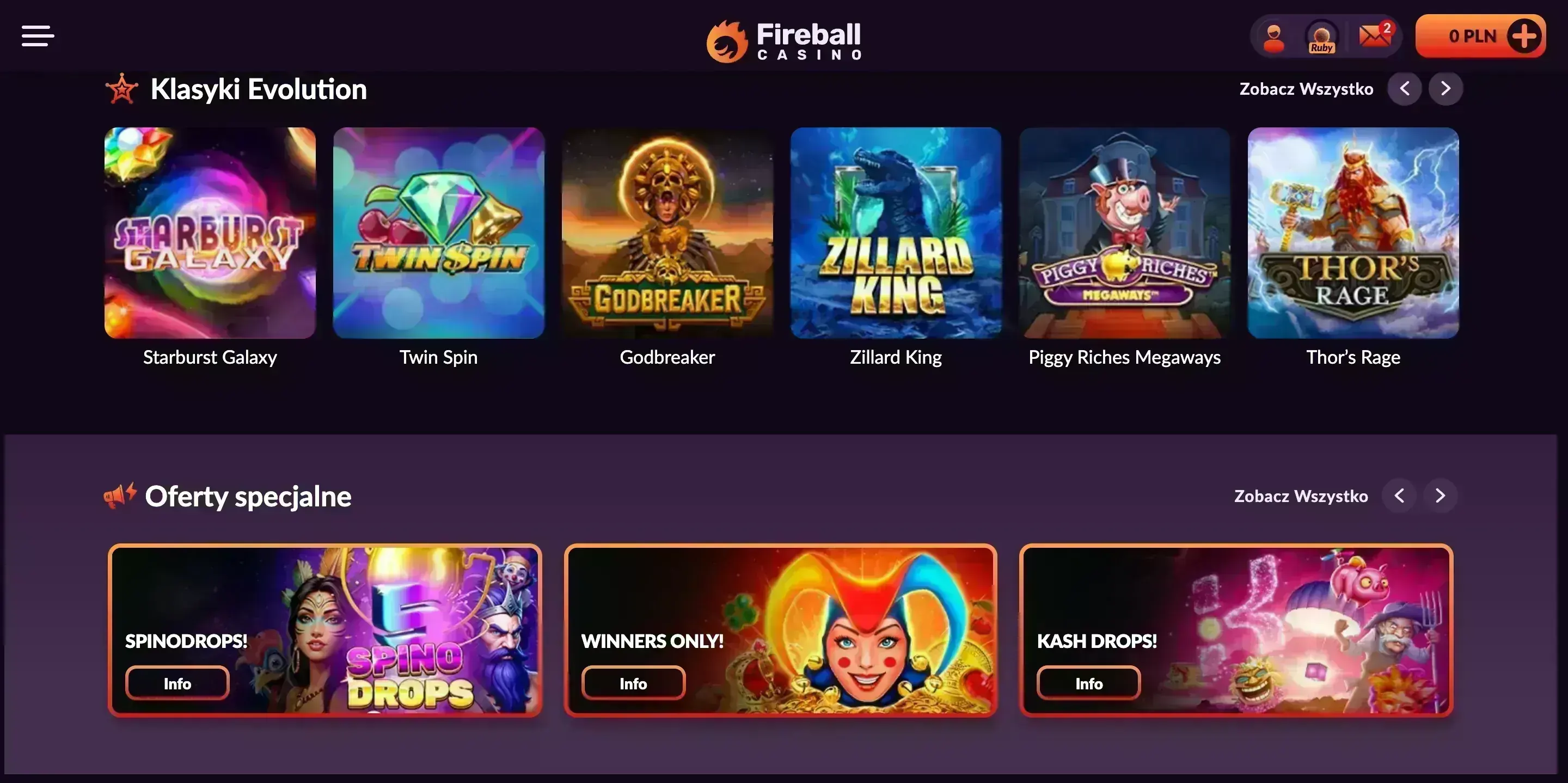 Sekcja gier i ofert w Fireball Casino