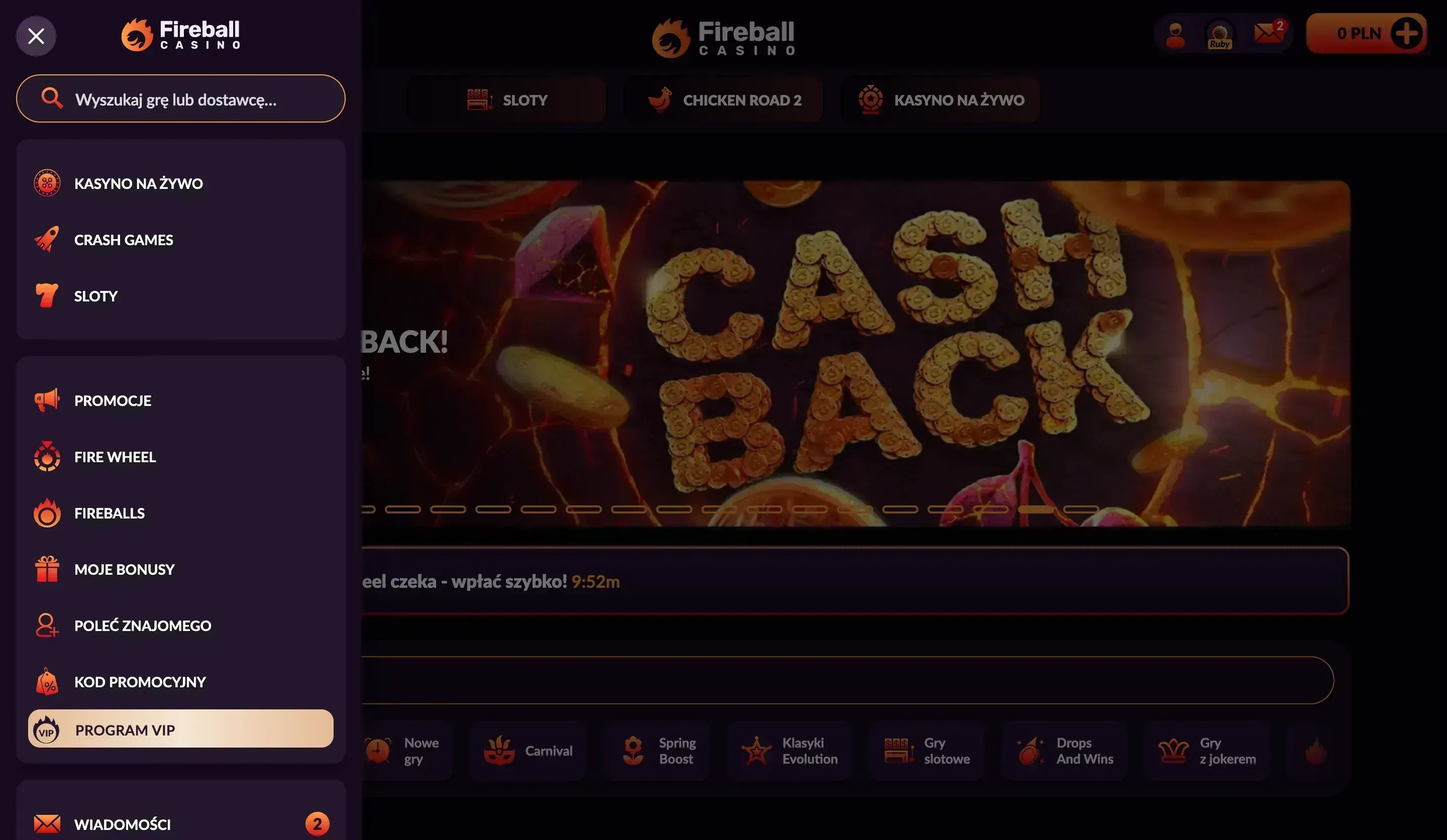 Menu gier Fireball Casino z kategoriami slotów i live casino
