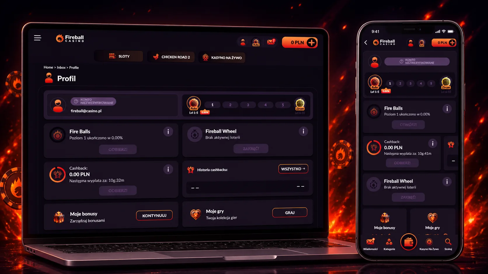 Profil użytkownika Fireball Casino po rejestracji