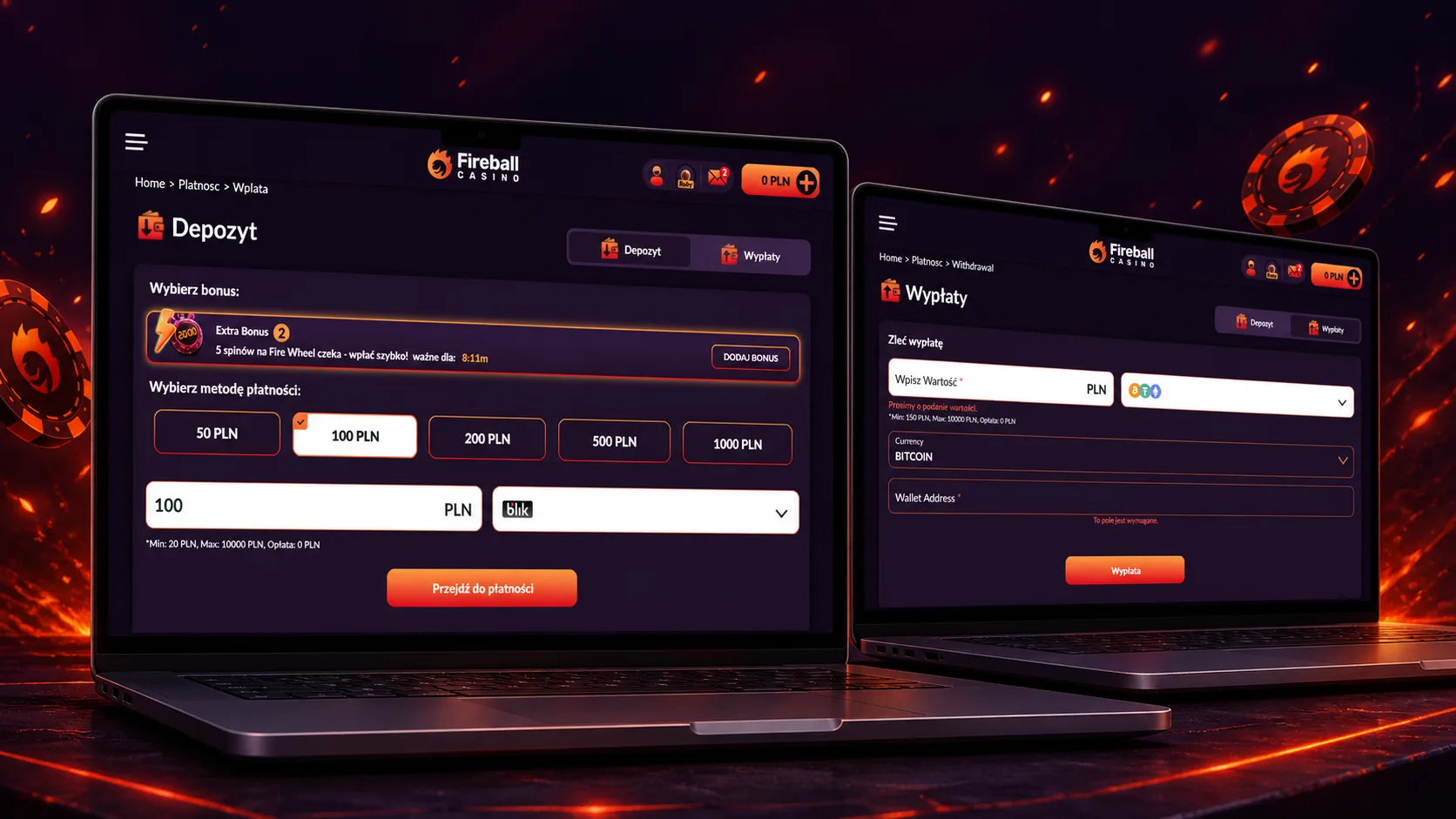 Depozyty i wypłaty po rejestracji w Fireball Casino